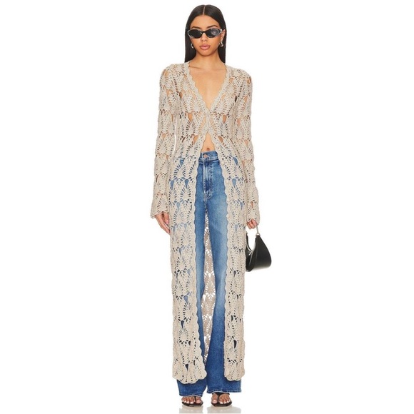 Tularosa Sweaters - Tularosa Aver Crochet Maxi Cardigan Sweater Duster Beige Long Sleeve